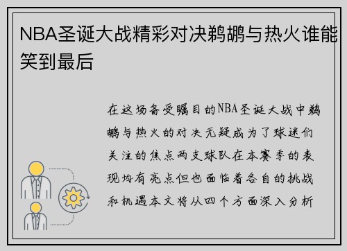 NBA圣诞大战精彩对决鹈鹕与热火谁能笑到最后